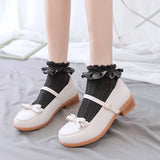 Sohiwoo Women Socks Lolita Style Japanese Kawaii Cute Frilly Ruffle Socks Solid White Black Mesh Lace Girls Sweet Harajuku Short Socks