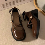 Sohiwoo Retro Brown Mary Jane Shoes Women Thick Heels Ankle Buckle Lolita Shoes Woman Japanese Style JK Uniform Pu Leather Loafers Shoe