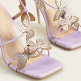 Sohiwoo Butterfly Purple High Heeled Sandals Women 2023 Summer Casual Square Toe Sandals Woman Thin Heels Ankle Straps Party Shoes