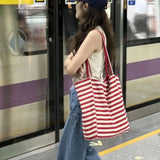 Sohiwoo Korean Striped Double-sided Canvas Bag 2024 Summer New Niche Design Large Capacity Student Tote Bags