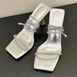 Sohiwoo Silver Square Toe High Heels Sandals Women Summer Crystal Straps Dress Sandals Woman Ankle Straps Thin Heeled Party Pumps