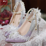 Sohiwoo French Fantastic Sweet Style Lolita Girls Shoes Elegant Noble Lace Pearls Tassels Flower Gentle Pointed Sandals 9cm High Heeled