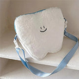 Sohiwoo Cute White Tooth Shape Shoulder Bag Women Plush Casual  Messenger Bag Girl Harajuku Large Capacity Dental Clinic Gift