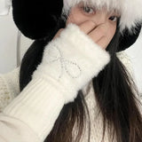 Sohiwoo Korea Bow Rhinestone Knitted Fur Gloves Sweet Y2K Winter Thickened Cute Half Finger Gloves Women Lolita Mittens JK Accessories