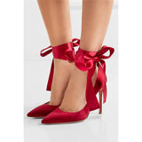 Sohiwoo Bright Red Silk Ankle Bowtie Pumps Pointed Toe Thin High Heels Single Shoes Butterfly Knot Lace- Up Wedding Shoes