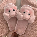 Sohiwoo Autumn and Winter Soft Sole Home Comfortable Warm One Word Plush Slippers New Cartoon Cute Animal Women's Cotton Slippers