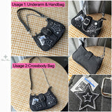 Sohiwoo Y2k Fashion Women's Handbags Stars Pattern Cool Girl Underarm Bag Vintage Canvas Female Shoulder Bag Chain Crossbody Tote Purses