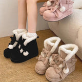 Sohiwoo Lovely Girls Lolita Winter Ankle Snow Boots,Plush Warm Hairball Bowknots Wedge Heel Heightening Platform Shoes