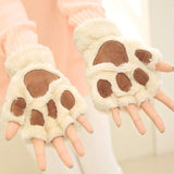 Sohiwoo Women Cartoon Cat Claw Gloves Thicken Fingerless Plush Bears Warm Cute Thick Bear Paw Fingers Half Winter Kawaii Mittens Gloves