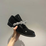 Sohiwoo British small leather shoes Women's flat bottomed Mary Jane shoes Versatile crystal slippers