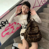 Sohiwoo Vintage Y2k Womens Backpack Brown Original Casual Large Capacity Leather Men Travel Backpack Designer Fashion Female Bag