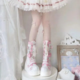 Sohiwoo Lolita Shoes Boots Woman Winter  Platform Heels Women's Mid Calf Booties Gothic Pink Kawaii Chain JK Cosplay Japanese Style