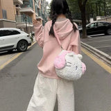 Sohiwoo  Kawaii Cute Backpack for Women White Pink Cat Head Shape Fashion Crossbody Bag New Soft Plush Sweet Large Capacity Handbag