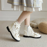 Sohiwoo Japanese Style Sweet Girl Kawaii Lolita Shoes Round Head Flat Bottom Lovely Ruffle Ruffle Pearl Shoelace Plush 2cm Short Boots