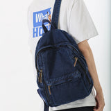 Sohiwoo Washed Denim Multi Pocket Backpack Fashion Vintage Women's Backpack Men Leisure Student School Bags Trendy Cool Travel Book Bag