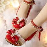 Sohiwoo Original Lolita Shoes Chinese Red Chinese Style High Heel Lolita Wedding Shoes Sweet Flower Wedding Shoes Heel Height 6cm