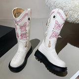 Sohiwoo Butterfly Embroidered White Western Boots Women Autumn Chunky Platform Mid Calf Boots Woman Thick Bottom Designer Shoes