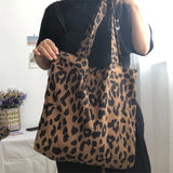 Sohiwoo Corduroy Leopard Shoulder Bag Casual Shopping Bag Large Capacity Handbags Eco Tote Bag Women Ladies Leopard Print Underarm Bags