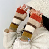 Sohiwoo Winter Rainbow Knitted Half Finger Gloves Mink Fleece Soft Warm Stripe Plush Fingerless Gloves Women's Long Wrist Mittens Decor