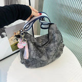 Sohiwoo Zipper Denim Good-looking Women's Shoulder Bag Denim Large Capacity Elegant Tote Bag 2024 Fashion Casual Concise Women's Bag