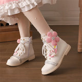 Sohiwoo College Style Cosplay Lolita Girl Shoes Round Head Flat Bottom Flower Pearls Winter Warm Lacing Strap Solid Elegant 2.5cm Boots