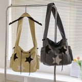 Sohiwoo Women Cute Messenger Bag Large Capacity Canvas Lovely Shoulder Bag Star Applique Y2K Street Style School Bag for Teens Students