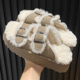 Sohiwoo Double Buckle Thick Bottom Winter Slippers Women New Chunky Platform Fur Slippers Woman Warm Thicken Plush Outdoor Shoes