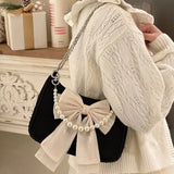 Sohiwoo Vintage Bowknot Women Underarm Bags Faux Pearl Chain Ladies Shoulder Crossbody Bag Female Soft Nylon Purse Small Tote Handbags