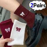 Sohiwoo 1-2pairs Retro Bow Socks for Women Girls Japanese Style Kawaii Bowknot Design Long Cotton Socks White Red Festival Cute Socks