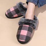 Sohiwoo Plaid Thicken Plush Fur Slippers Women Winter Closed Toe Couple Home Slippers Woman Comfort Soft Sole House Shoes Slides