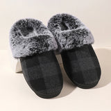 Sohiwoo Plaid Thicken Plush Fur Slippers Women Winter Closed Toe Couple Home Slippers Woman Comfort Soft Sole House Shoes Slides