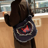 Sohiwoo Japanese Vintage Embroidery Tassel Denim Messenger Bags Women Y2K Large Capacity Shoulder Bags Casual All Match Canvas Handbag