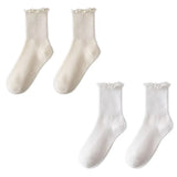 Sohiwoo Lovely Wooden Ear Edge Pile Middle Tube Socks Women INS Style Kawaii Light Luxury Solid Color Ruffles Harajuku Cute Socks