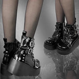 Sohiwoo Rivets Decor Chunky Platform Punk Ankle Boots Women Winter Pu Leather Black Boots Woman Metal Buckle Gothic Shoes