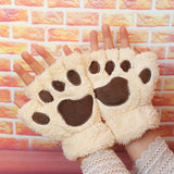 Sohiwoo 1Pair Girl Lovely Bear Plush Cat Paw Claw Gloves Winter Faux Fur Kitten Fingerless Mittens for Women Christmas Halloween Gloves