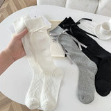 Sohiwoo Lolita Bow Socks Women Ribbon Sweet Bow Bandage Stripe Calf Stockings Girls Cute Elastic Cotton Solid Color Versatile Long Socks