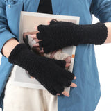 Sohiwoo Thicken Coral Fleece Gloves Women Winter Long Soft Plush Arm Touchscreen Fingerless Glove Warm Half Finger Outdoor Work Mittens