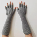 Sohiwoo 1 Pair Long Knitted Unisex Half Finger Gloves Women Girls Autumn Winter Arm Warmers Pure Black Elbow Long Warm Work Gloves