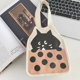 Sohiwoo Cute Black Cat Boba Tea Illustration Canvas Bag Women's Bag Kawaii Japanese Storage Bag Lunch Bag Handbag Fashionable Purses