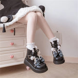 Sohiwoo Japanese Style Cute Girls Shoes Kawaii Lolita Winter Suede Warm Round Head Thick Soles Stripes Bow Pu 2.5-3.5cm Booties Shoes