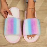 Sohiwoo Rainbow Furry Fluffy Slippers Women Non Slip Flat Heels House Slippers Woman Winter Lightweight Home Floor Shoes Indoor Slides