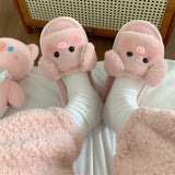 Sohiwoo Autumn and Winter Soft Sole Home Comfortable Warm One Word Plush Slippers New Cartoon Cute Animal Women's Cotton Slippers