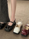 Sohiwoo Korean Fashion Non Slip Square Toe Pumps Ladies Pure Color Elegant Flat Shoes Summer French Vintage Buckle Sandal Woman