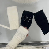 Sohiwoo Korea Bow Rhinestone Knitted Fur Gloves Sweet Y2K Winter Thickened Cute Half Finger Gloves Women Lolita Mittens JK Accessories