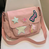 Sohiwoo Star Letter Applique Messenger Bag Candy Color Student Crossbody Bags Large Capacity Travel Shoulder Bag Women's Fashion Satchel