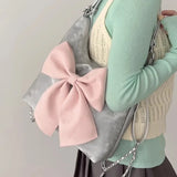 Sohiwoo Pink Bow Womens Shoulder Bag Korean Style Fashion Large Capacity Sweet Backpack Cute Exquisite Elegant New Female Tote Bag