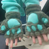 Sohiwoo 1Pair Girl Lovely Bear Plush Cat Paw Claw Gloves Winter Faux Fur Kitten Fingerless Mittens for Women Christmas Halloween Gloves