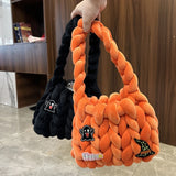 Sohiwoo Pumpkin Brooch Fashion Handbag Icelandic Wool Knitted Wrist Bag Soft Rope Crochet Tote Bag Halloween Cute Cartoon Clutch Bag