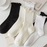 Sohiwoo Lovely Wooden Ear Edge Pile Middle Tube Socks Women INS Style Kawaii Light Luxury Solid Color Ruffles Harajuku Cute Socks