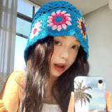 Sohiwoo Women's Crochet Flower Beanie Hat Autumn Handmade Knitted Skullies Cap Female Hollow Beanies Cap Outdoor Foldable Sunscreen Hat